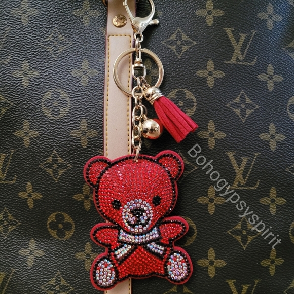 Bling Teddy Bear Crystal Rhinestone Keychain Bag Charm With Red Tassel - Picture 8 of 12